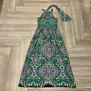 Green Floral Maxi Dress Halter Tie Back Ribbons US Women Size Small S